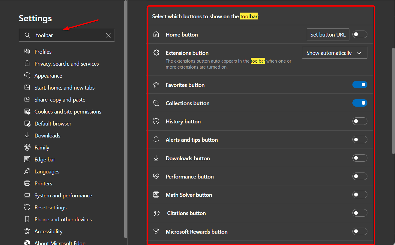 Параметры панели инструментов в Edge