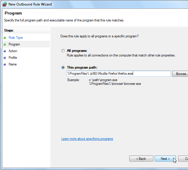 Диалог выбора исполняемого файла .exe для правила программы