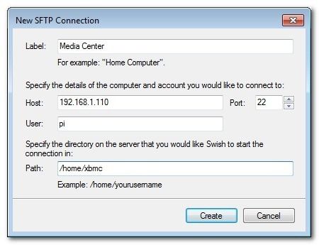 Форма добавления SFTP-подключения в Swish