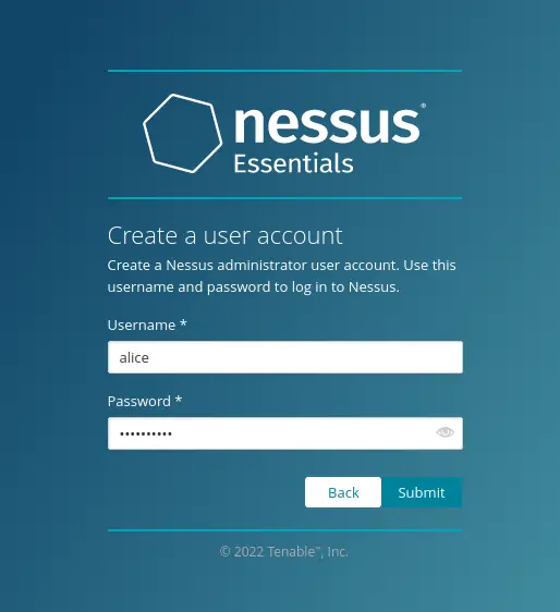 Создание пользователя admin в Nessus