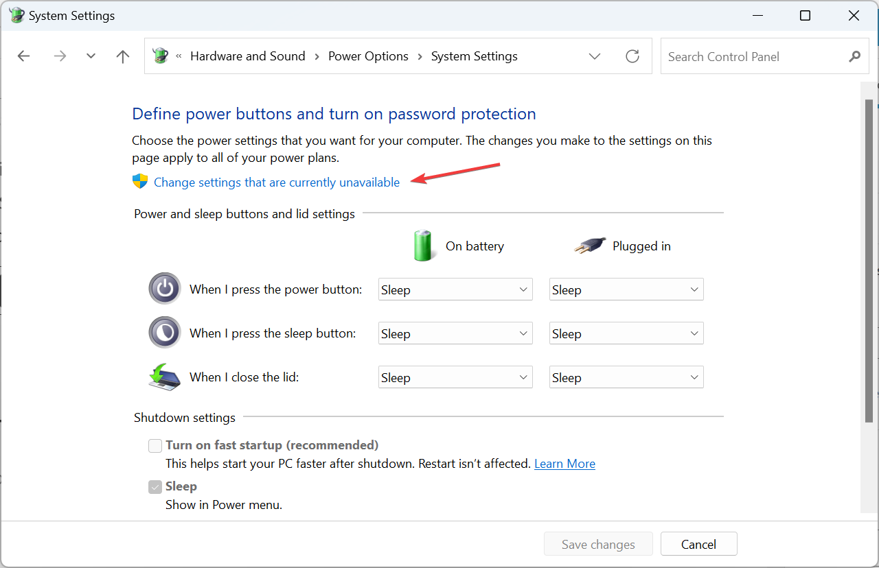 Разблокировка настроек питания