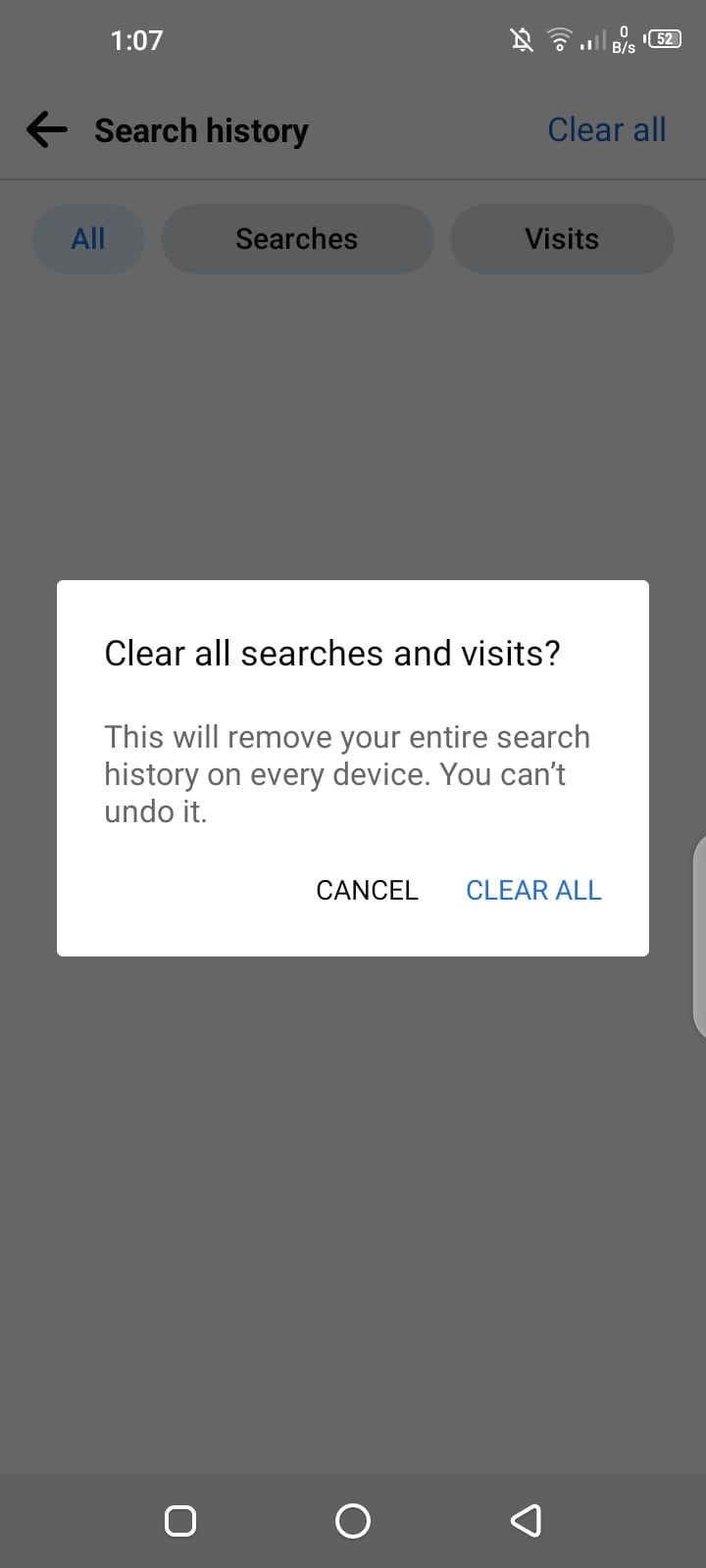Подтверждение удаления всех поисков в мобильном приложении Facebook
