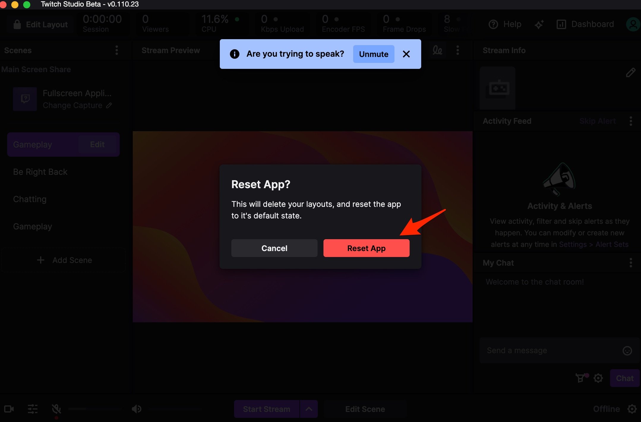 Подтверждение сброса настроек Twitch