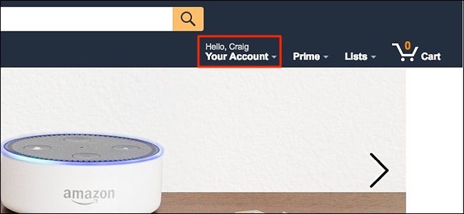 Меню «Ваш аккаунт» на Amazon