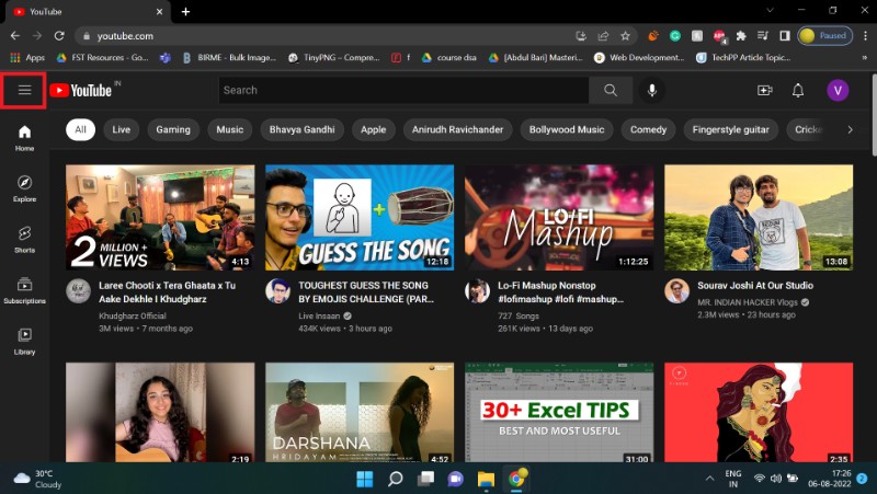 Скриншот: открытие бокового меню на сайте YouTube