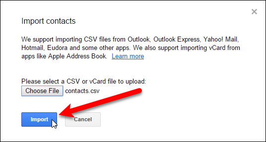 Кнопка Импорт для загрузки контактов в Google