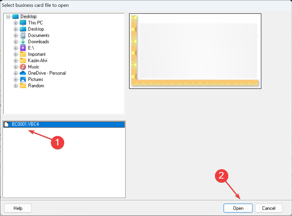 Выбор файла VBC в проводнике и кнопка Открыть