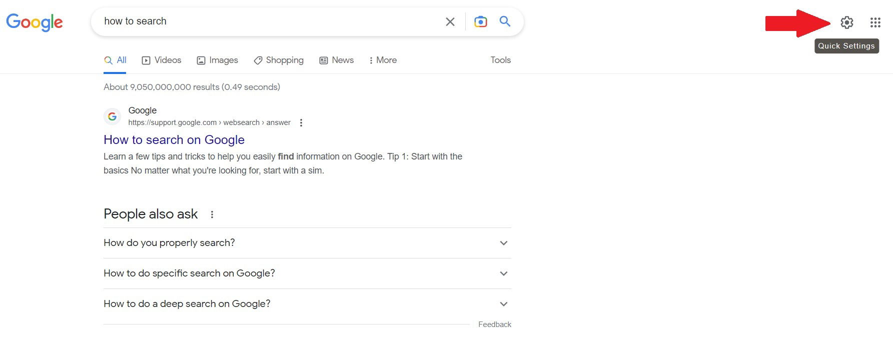 Меню быстрых настроек Google с вариантами