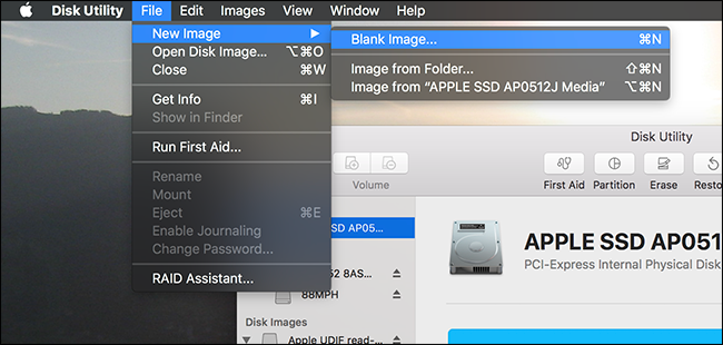 Создание нового пустого образа диска в Disk Utility