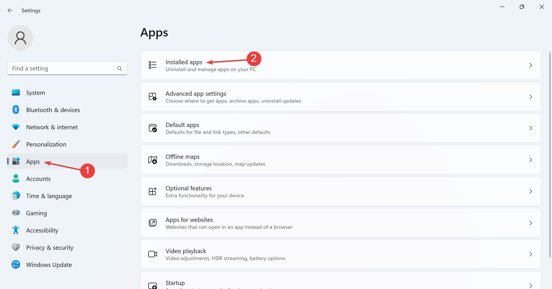 Окно «Установленные приложения» в Windows