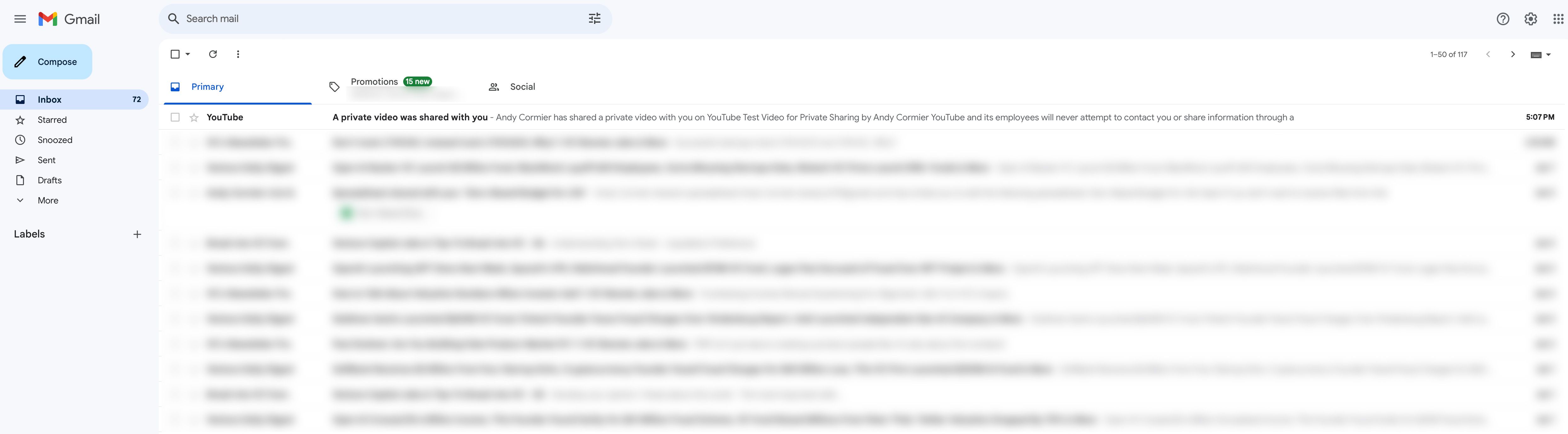входящее письмо показывающее уведомление о приватном видео YouTube