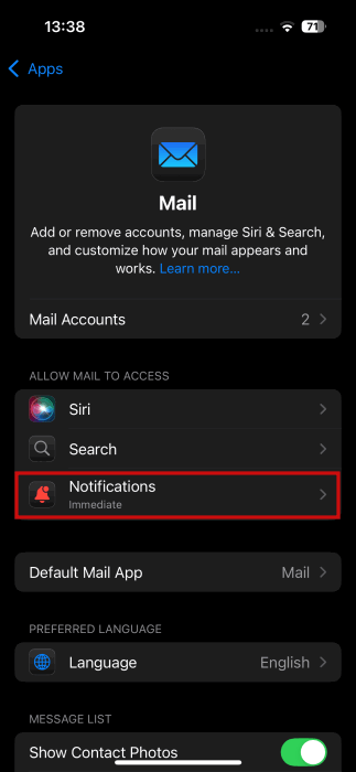 Настройки уведомлений Mail