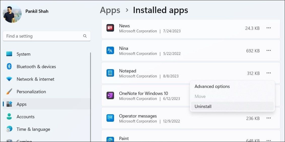 Удаление приложения Блокнот в Windows 11
