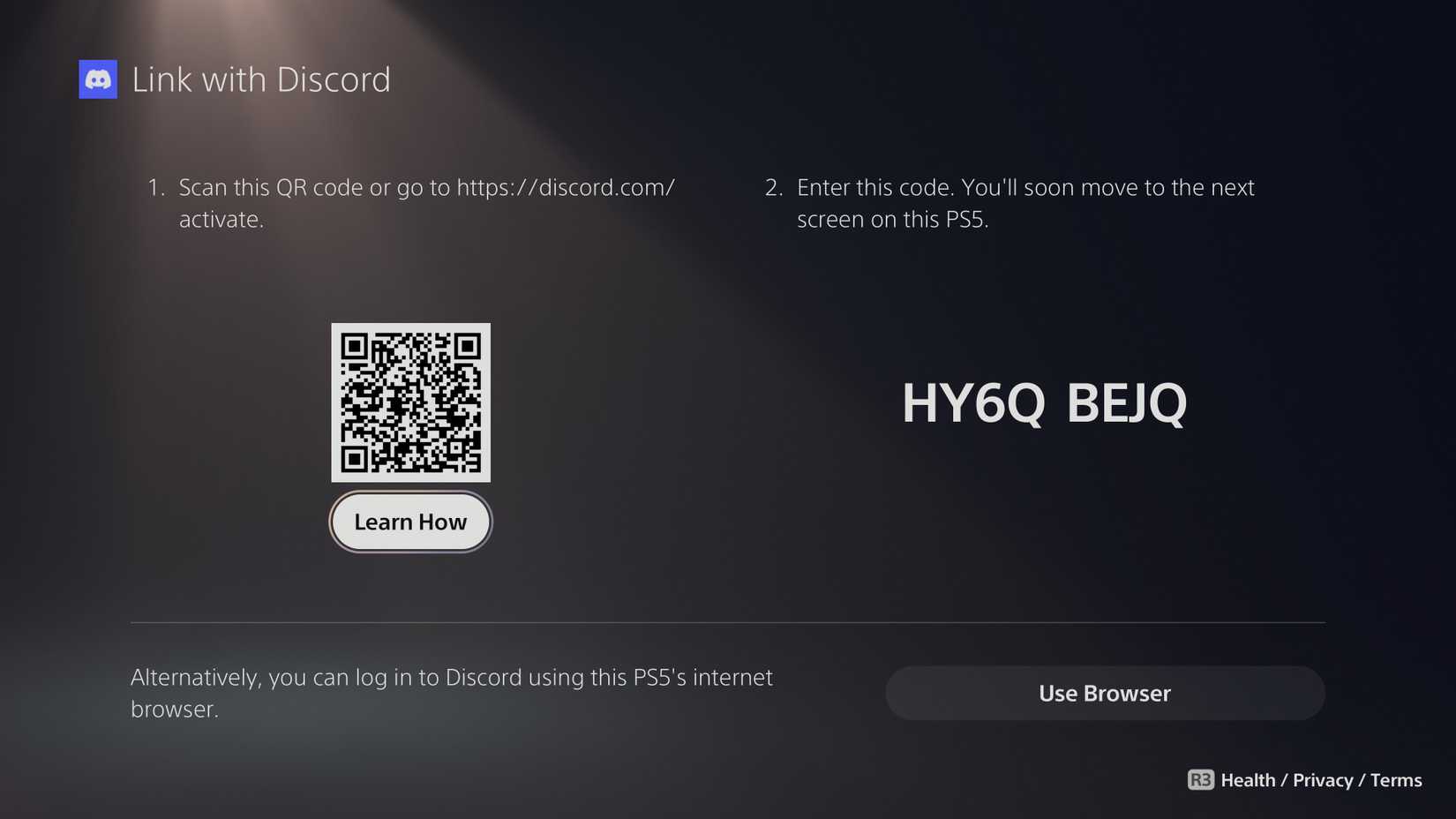 Страница привязки Discord на PS5 с QR-кодом