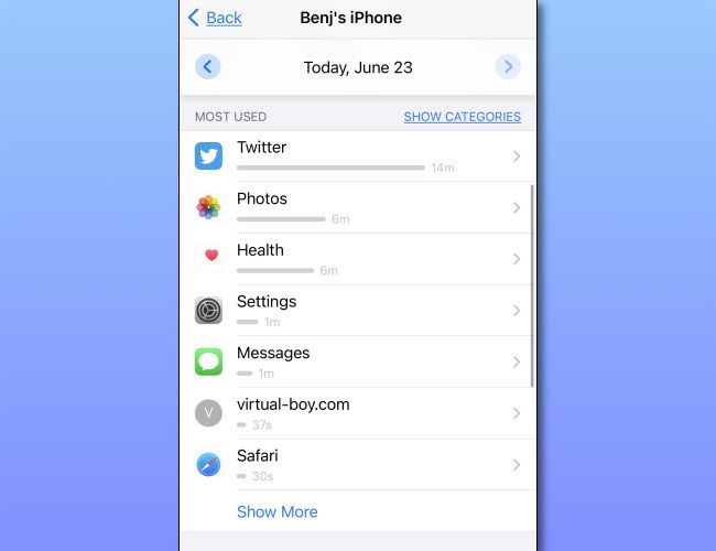 Пример списка самых используемых приложений в «Экранном времени» на iPhone.