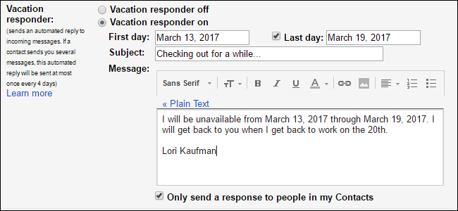 Окно настройки автоответа в Gmail