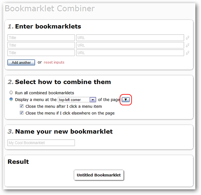 Панель Bookmarklet Combiner с раскрытой секцией
