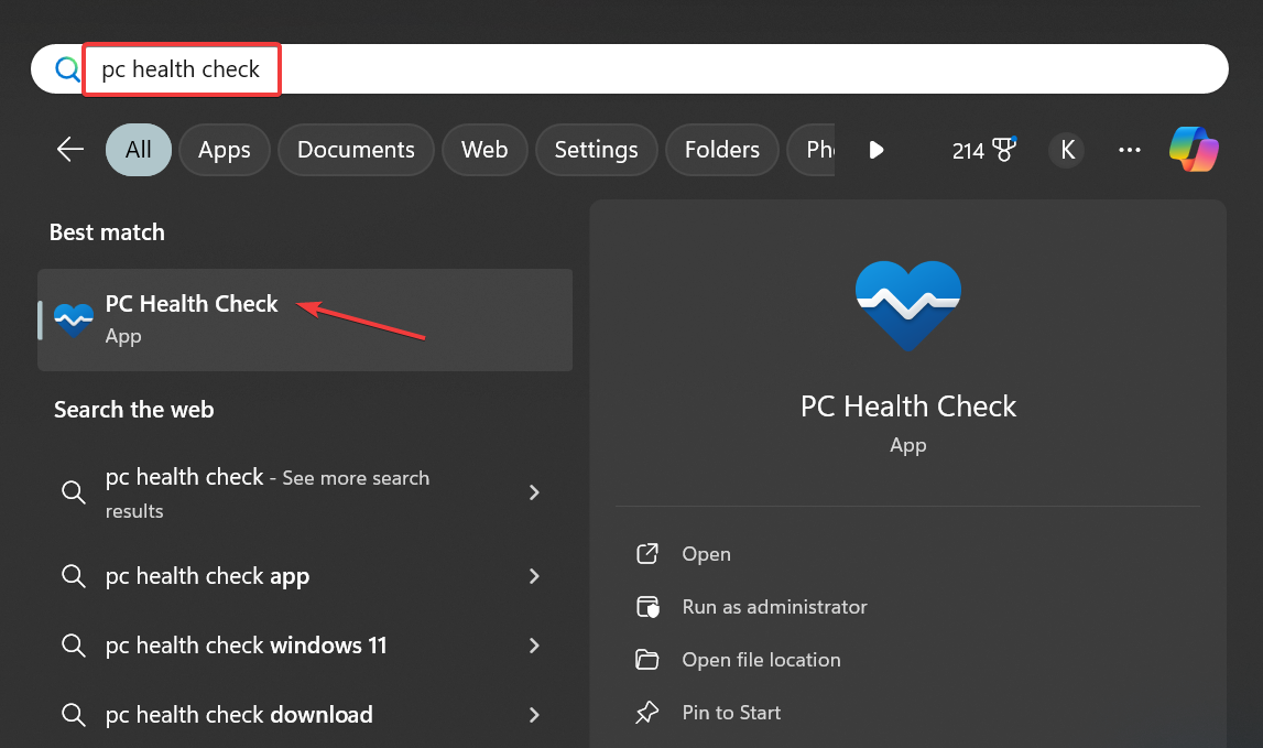 запуск приложения PC Health Check через Поиск Windows