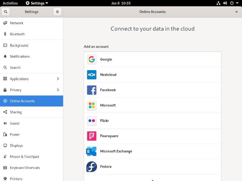 Раздел «Онлайн-аккаунты» в настройках GNOME
