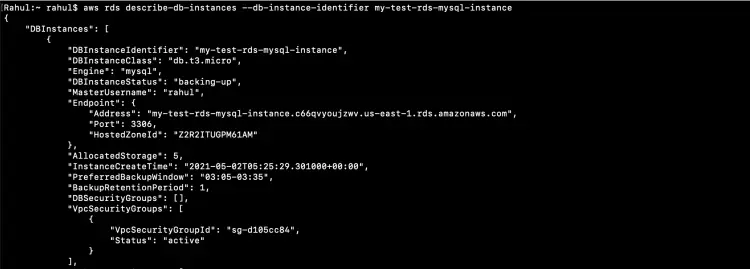 Описание RDS-инстанса: вывод команды describe-db-instances