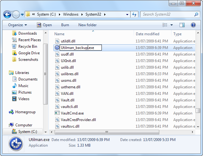 Переименование Utilman.exe в резервную копию