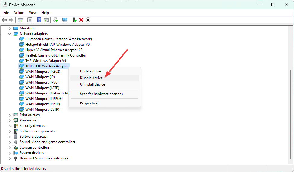 Отключение адаптера в Диспетчере устройств