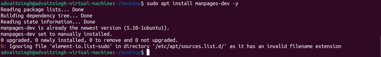 Установка manpages-dev в терминале Ubuntu
