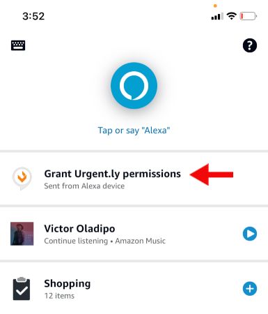 Страница запроса разрешений для Urgent.ly в приложении Alexa