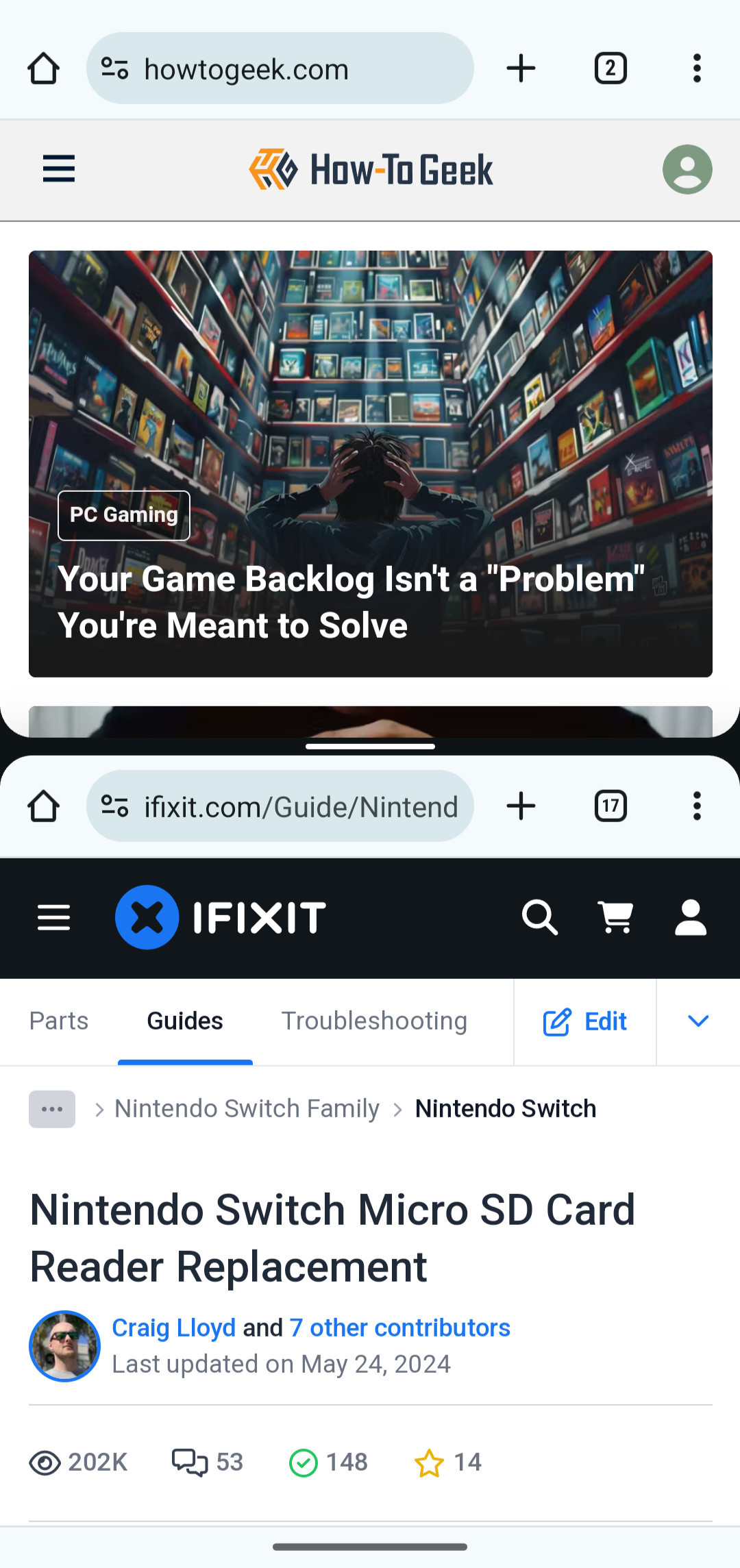 Два окна Chrome в режиме разделённого экрана на Android.