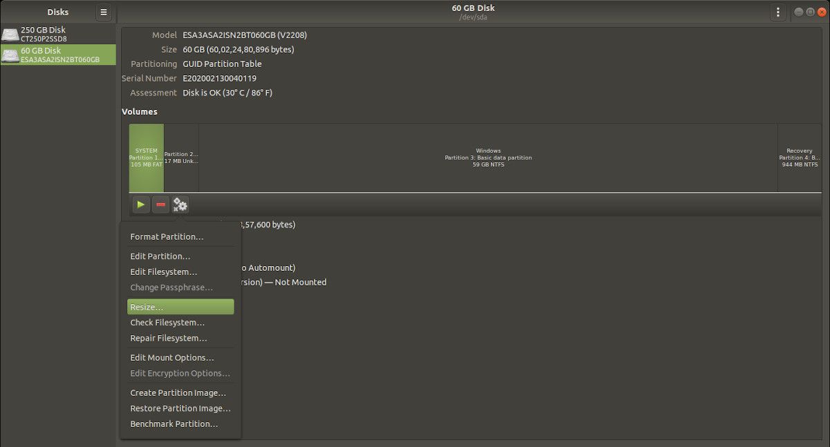 Изменение размера раздела в Gnome Disk Utility