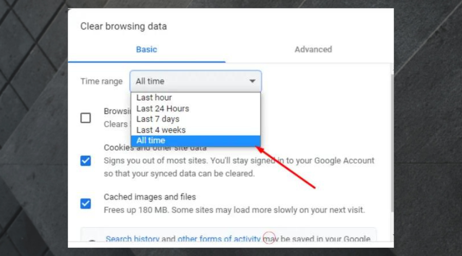 Окно Очистить данные просмотра — выбор периода All time