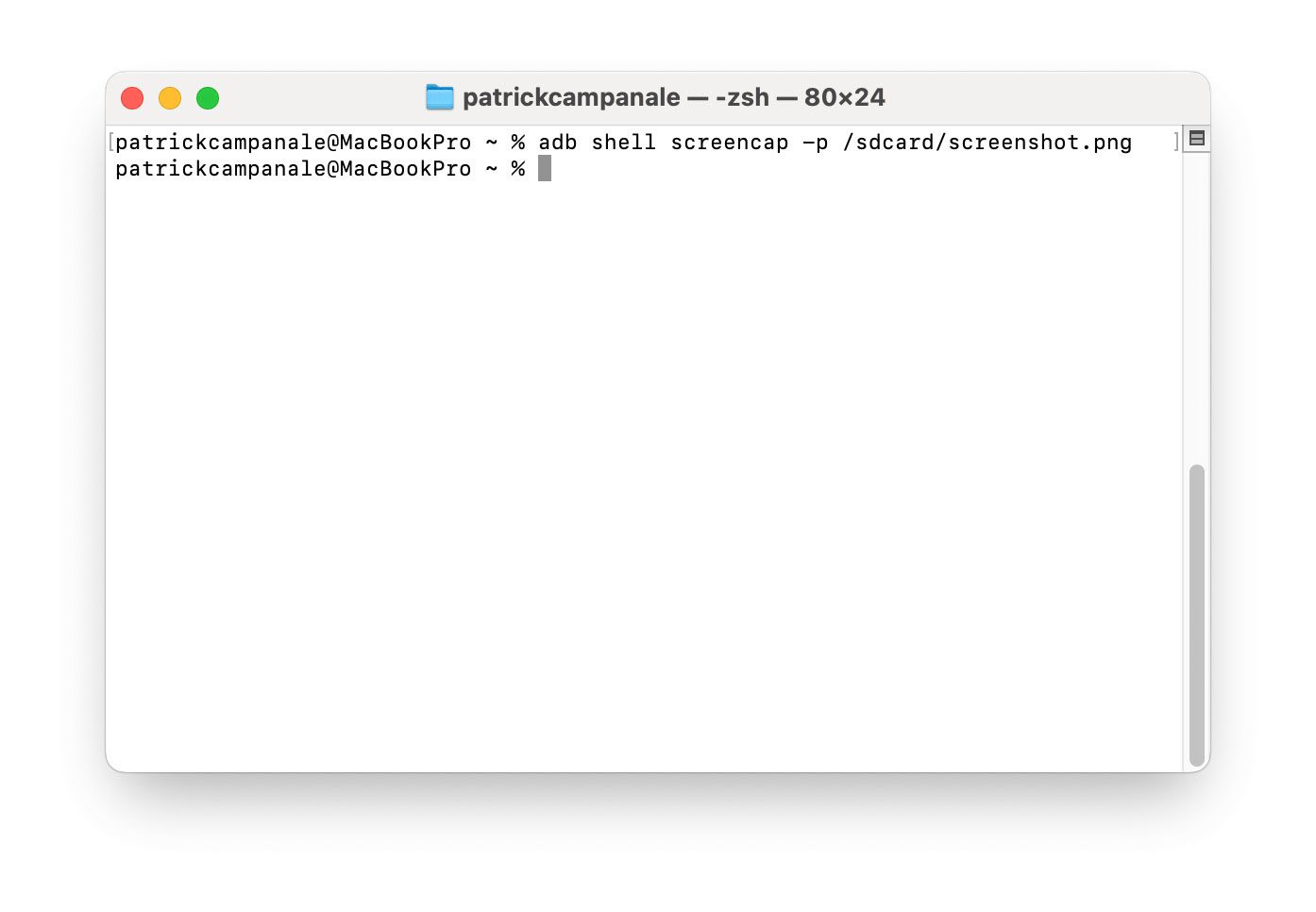 Команда ADB для создания скриншота в терминале macOS.