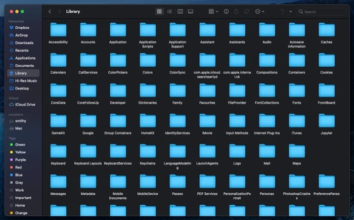Окно Finder с папкой Library открытой