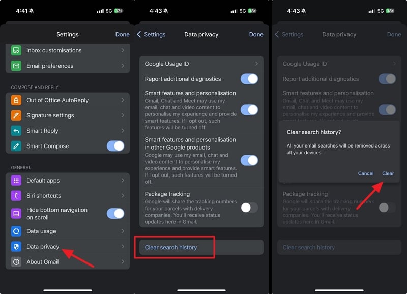очистить историю поиска gmail на ios