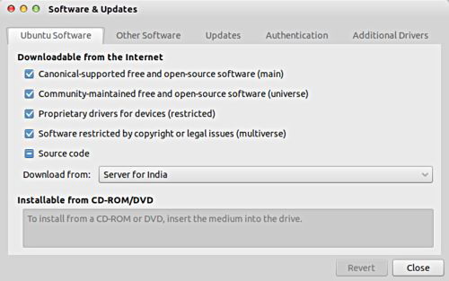 Окно «Software & Updates» с вкладками настроек обновлений