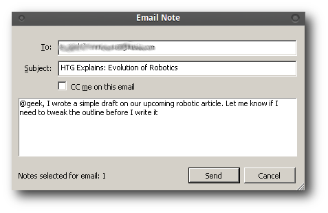 Окно отправки заметки по email в Evernote