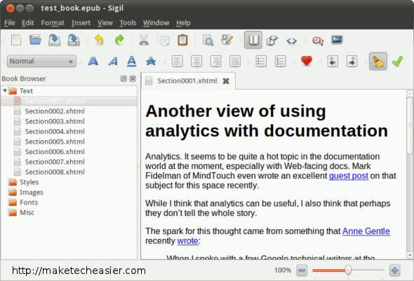 Редактирование текста электронной книги в окне Sigil