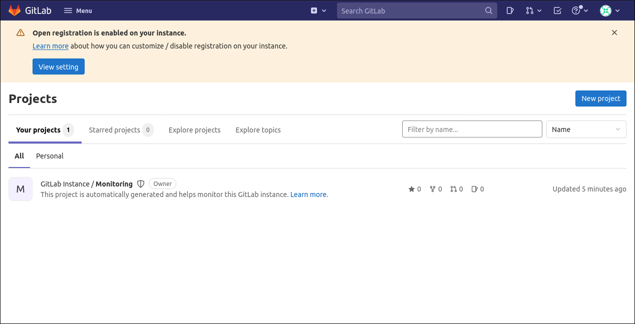 Скриншот панели управления GitLab после чистой установки 14.7