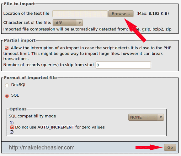 Снимок экрана: импорт SQL файла в phpMyAdmin