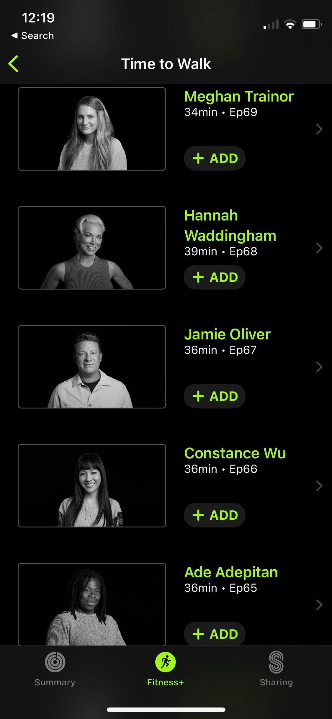 Скриншот меню Time to Walk в приложении Fitness+