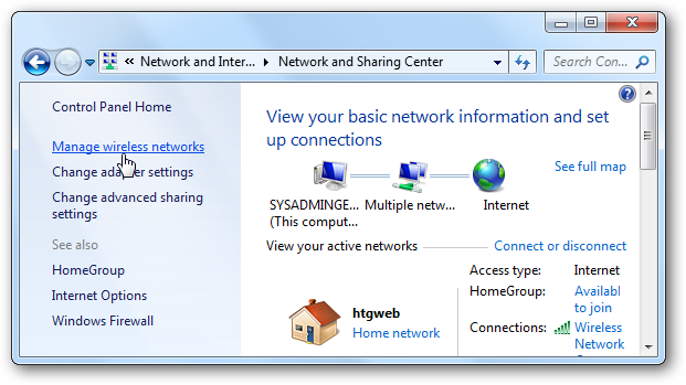 Список беспроводных сетей в Windows 7, экран Управление беспроводными сетями