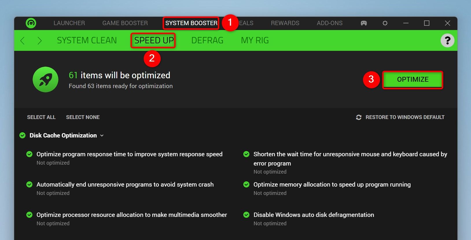 В интерфейсе Razer Cortex выделены