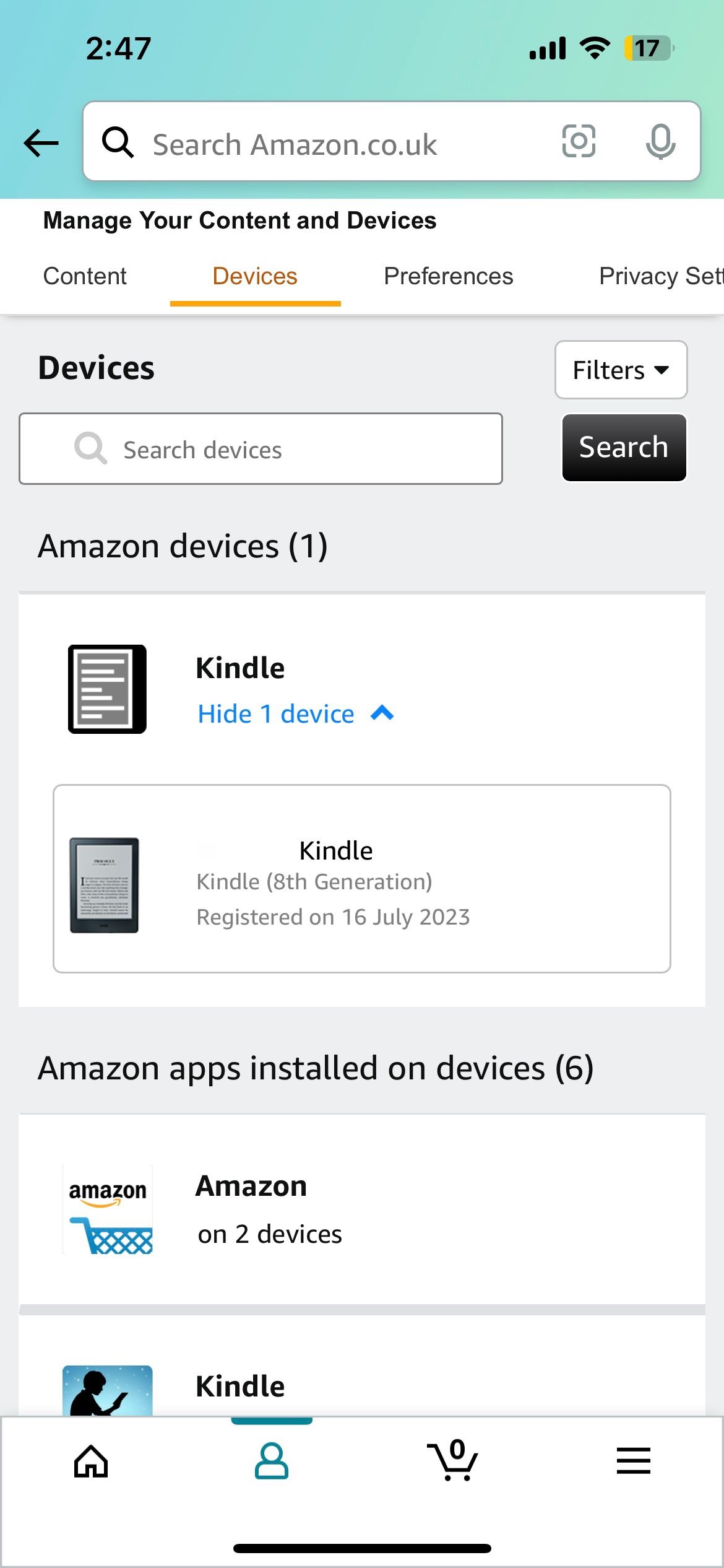 Amazon iOS App Manage Devices Page