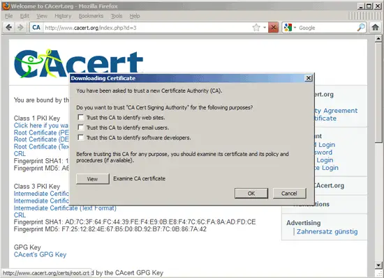 Просмотр сертификата CAcert.org в Firefox