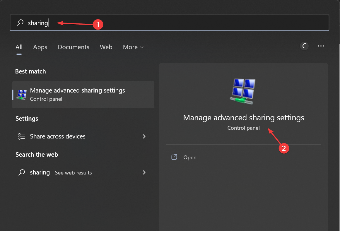 Управление дополнительными параметрами общего доступа