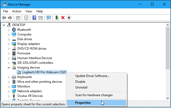 Свойства веб-камеры в Диспетчере устройств