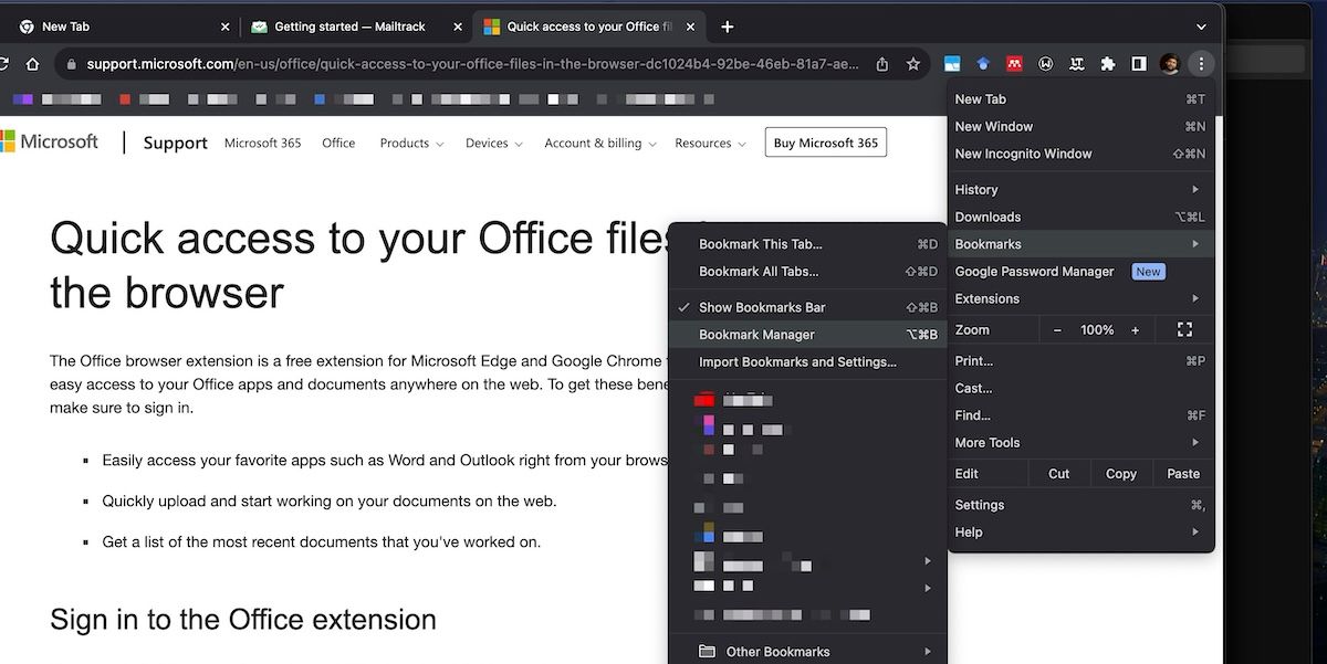 Меню закладок в панели настроек Chrome