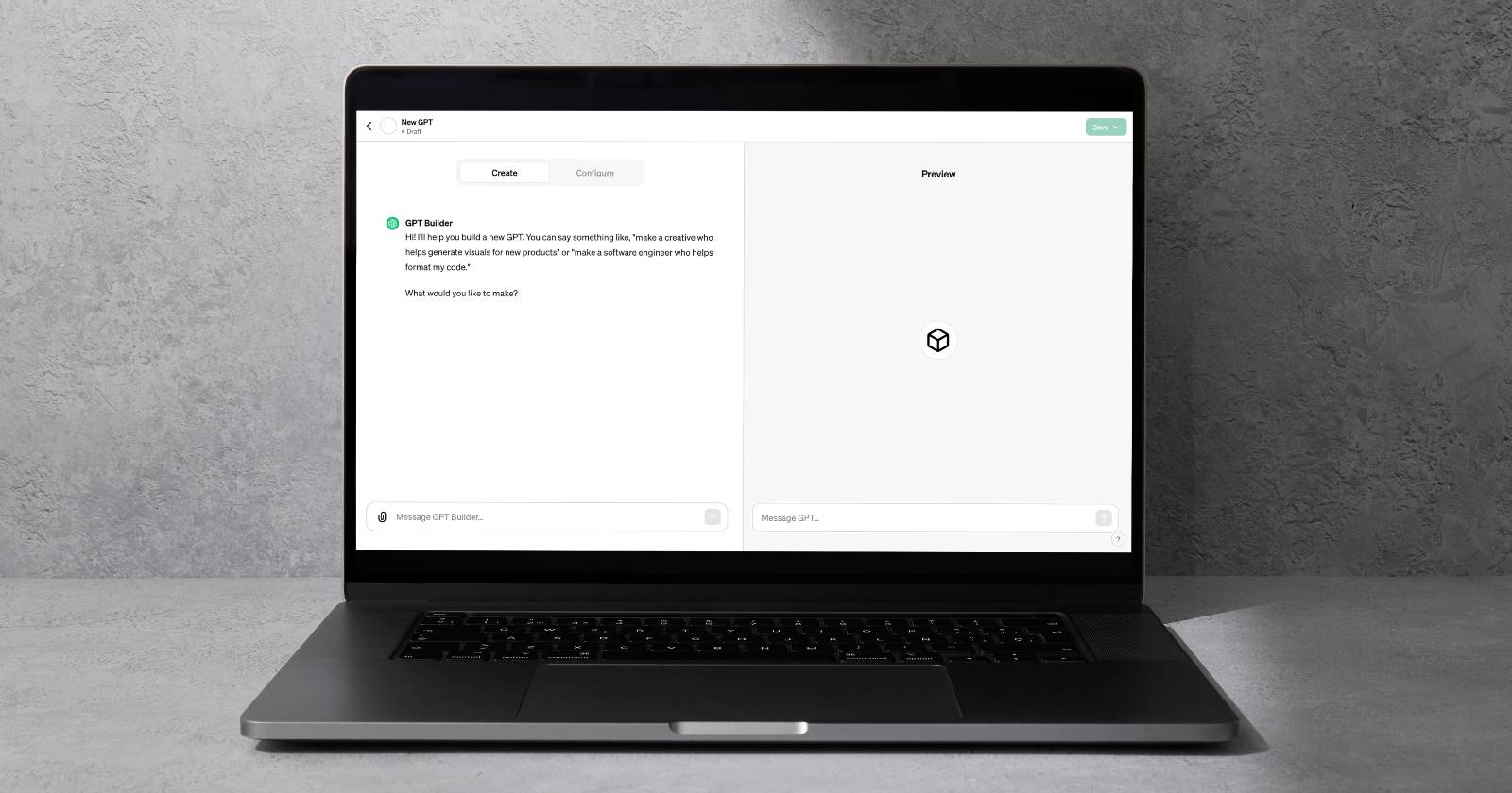 Окно создания кастомного GPT в ChatGPT