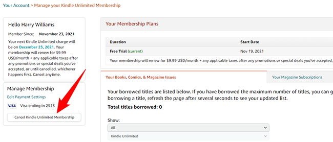 Нажмите Cancel Kindle Unlimited Membership в левой боковой панели.