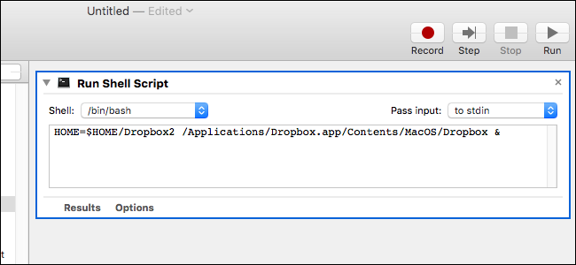 Поле shell-скрипта в Automator с командой запуска Dropbox2